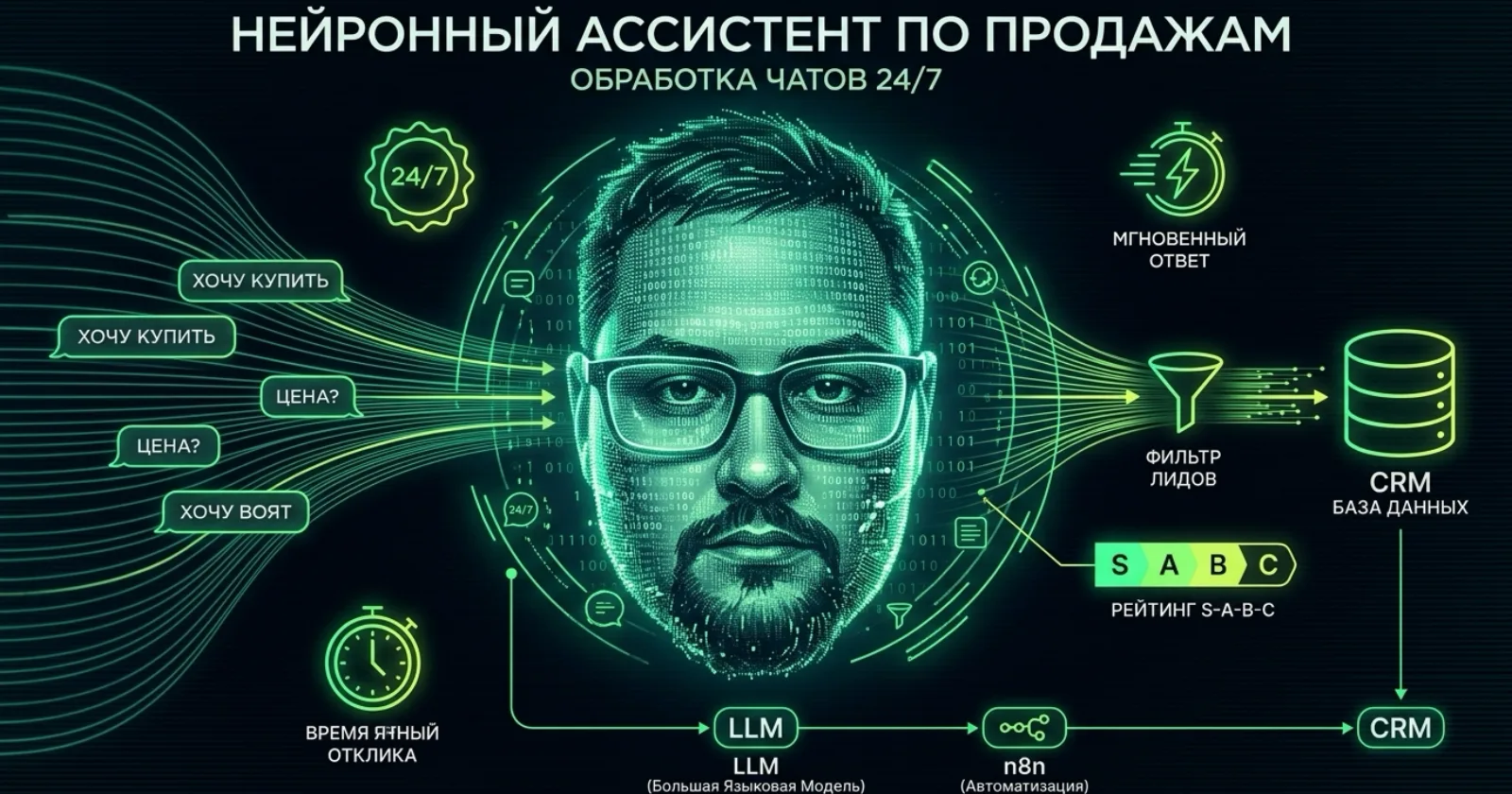 Нейроагент для отдела продаж: ИИ-менеджер на базе LLM отвечает 24/7, квалифицирует лиды и передаёт их в CRM