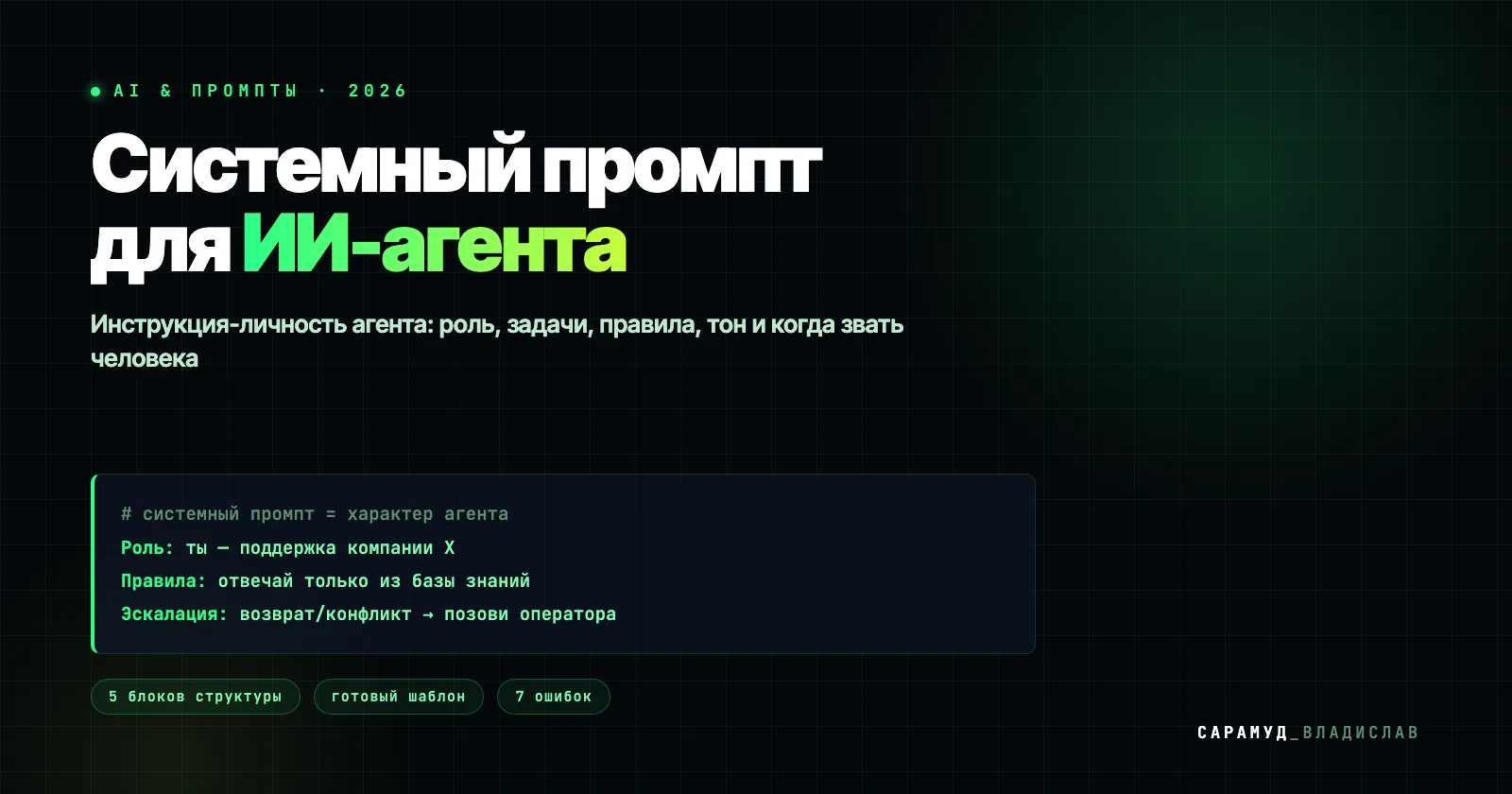 Системный промпт для ИИ-агента: блоки роль, задачи, правила, тон и эскалация